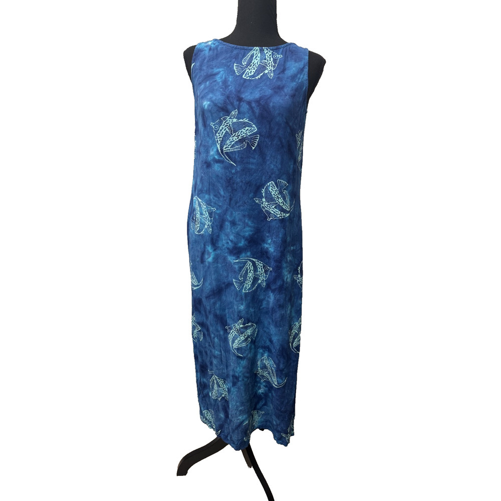 Coastal Paul Harris Fish Design Blue Boho Artsy Beach Dress Maxi Resort Small
